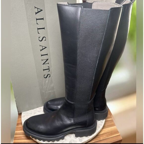 AllSaints Maeve Black Leather Knee High Boots Lug Sole Stretch Panel US 11 EU 41 - Picture 3 of 16